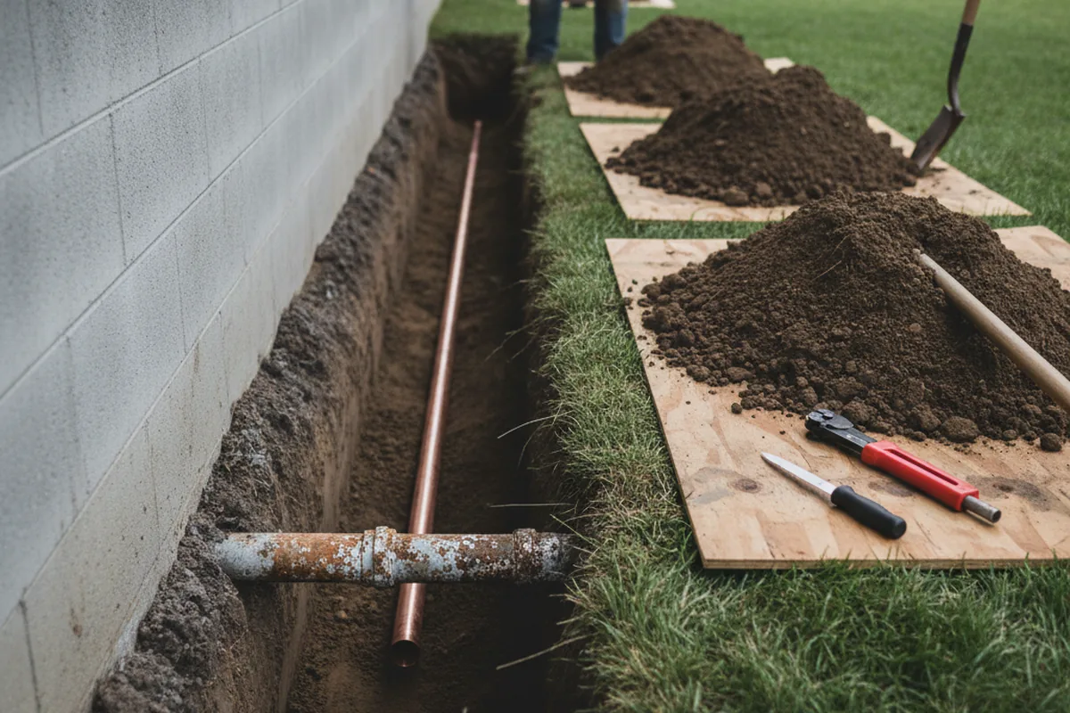 Excavated water line trench during Water Softener Installation in Adamstown
